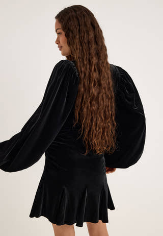 Flared Velvet Short Dress Black