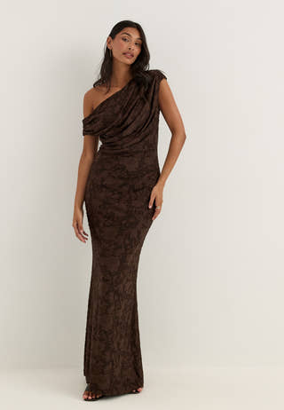 Asymmetric Draped Floral Burnout Maxi Dress Brown