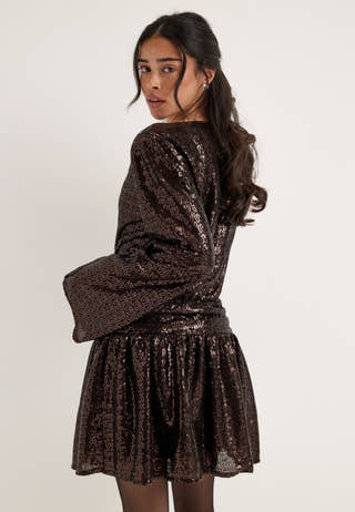 Sequin Ruched Mini Dress Brown