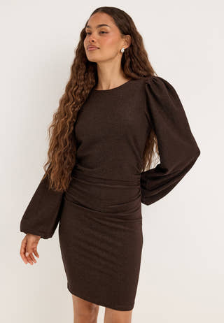 Puff Sleeve Sparkling Dress Brown