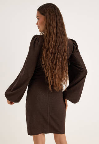 Puff Sleeve Sparkling Dress Brown