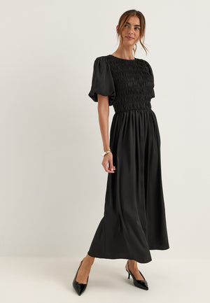 Smock Satin Maxi Dress Black
