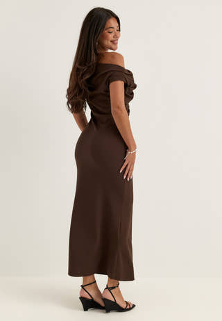 Asymmetric Draped Midi Dress Brown