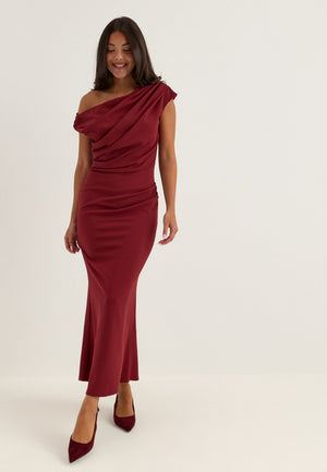 Asymmetric Draped Midi Dress Red