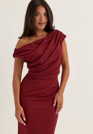 Asymmetric Draped Midi Dress Red