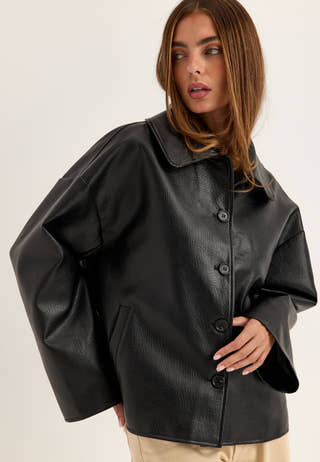 Fur Collar PU Jacket Black