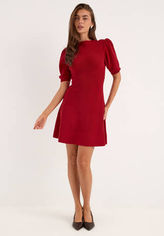 Puff Sleeve Knitted Dress Red