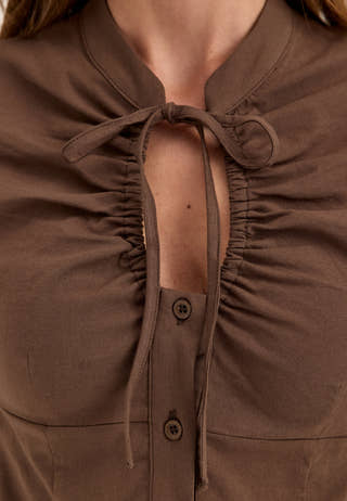 Ruched Keyhole Shirt Brown