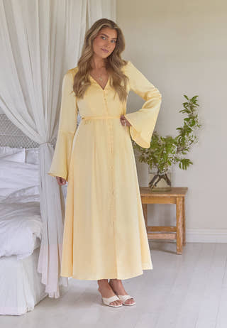 yellow satin long sleeve dress ASHLEYlauren 4805 Satin Long Sleeve Dress with 3D Flowers