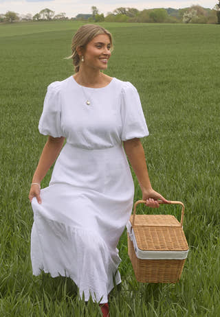 linen balloon sleeve maxi dress Women's Linen Balloon Sleeve Long Dress Off-Shoulder Oversized Relaxed Lolly