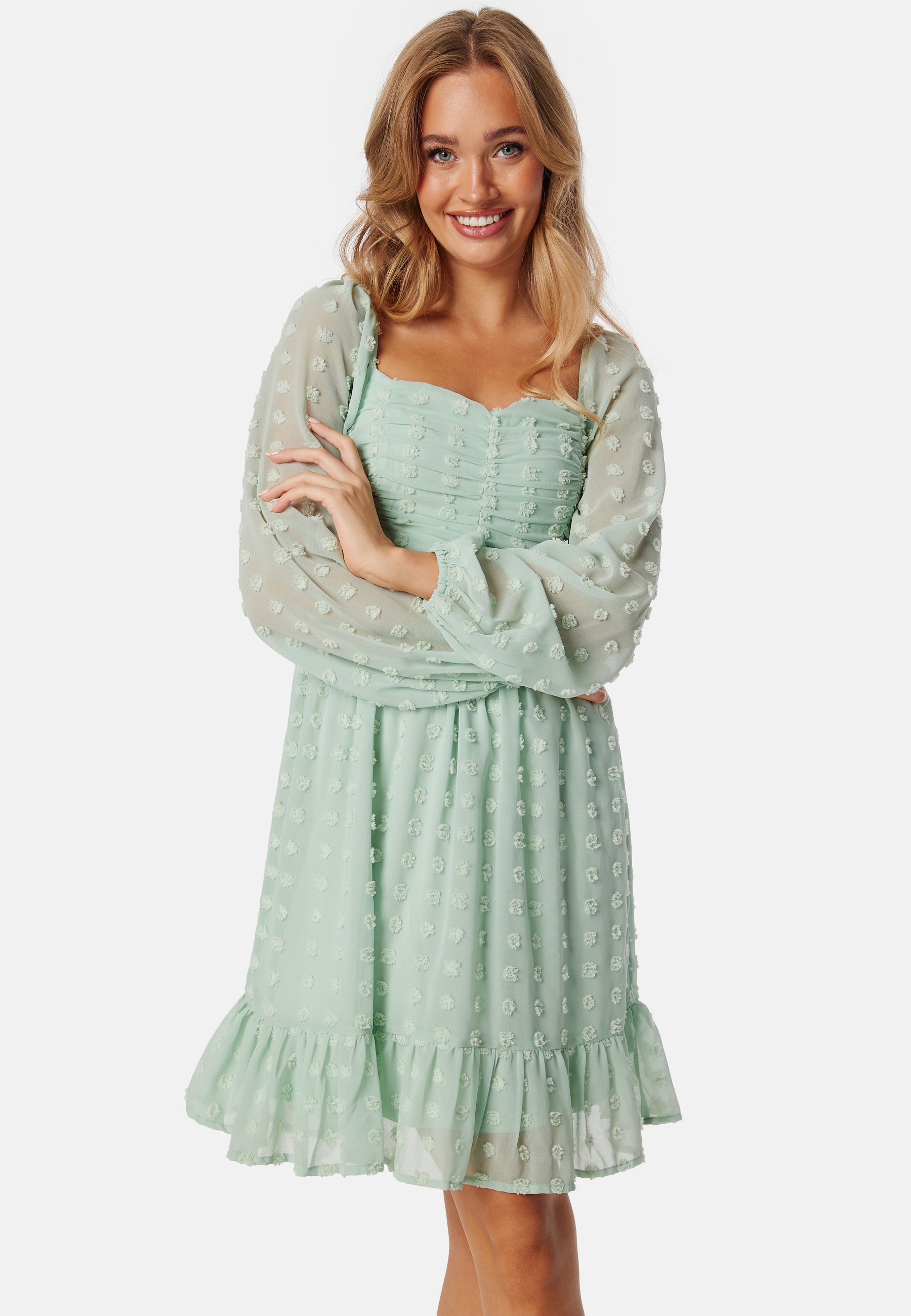 Bubbleroom Dobby Dot Ruched Dress Dresses Green Bubbleroom Dobby Dot Ruched Dress Dresses Green