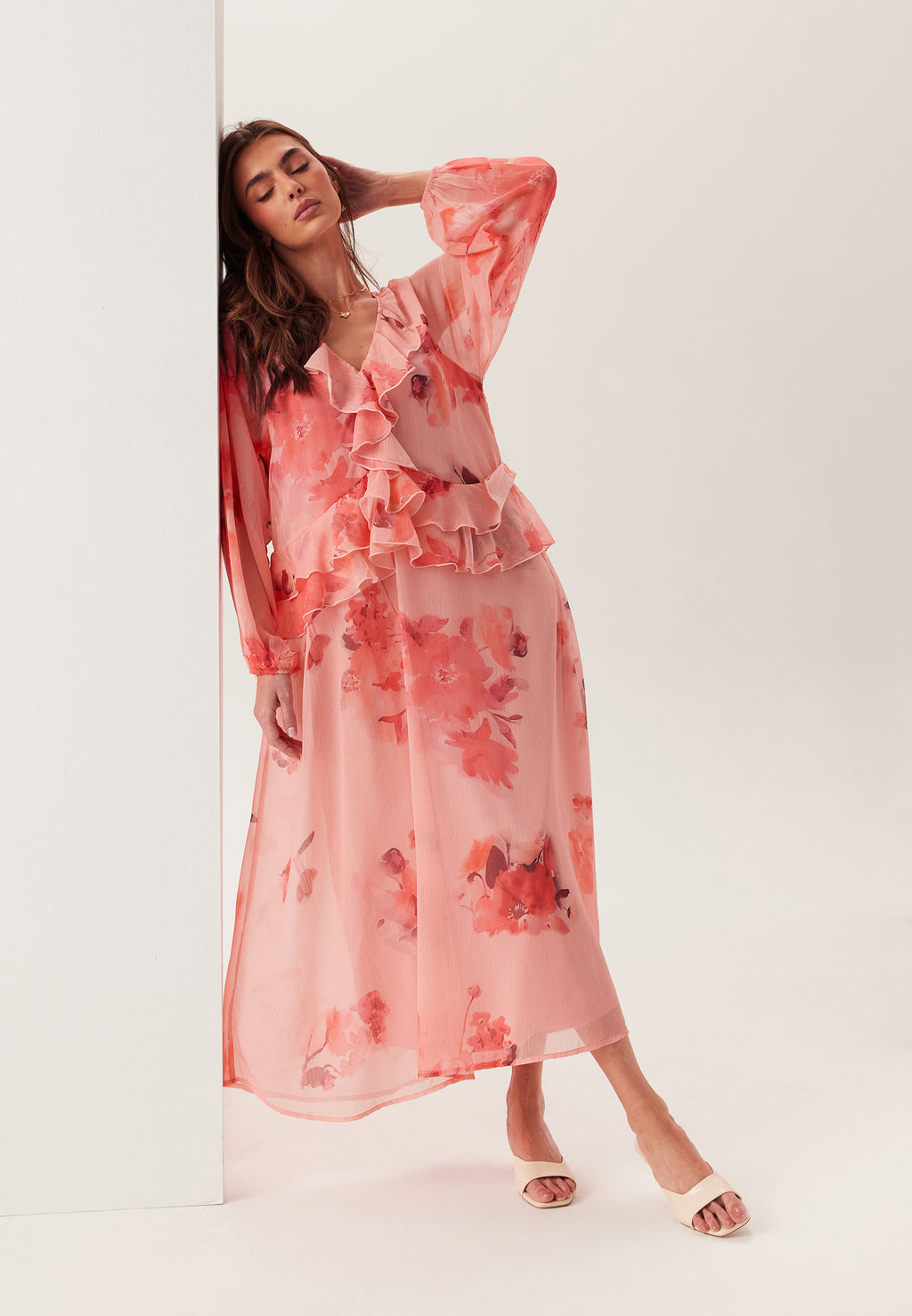 Bubbleroom – Frill Chiffon Dress – Dresses – Pink / Floral / Multi