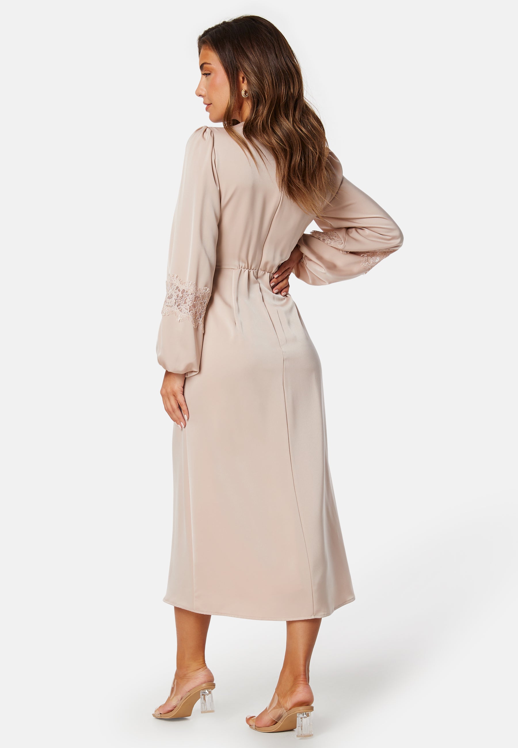 champagne long sleeve midi dress Champagne Midi Dress - Long Sleeve Dress - Lace-Trimmed Dress