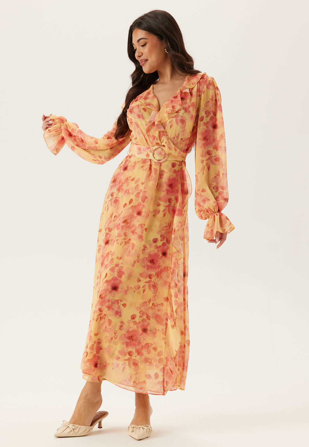 chiffon belted dress Plus V Neck Long Sleeve Floral Chiffon Belted Dress Curvepretty