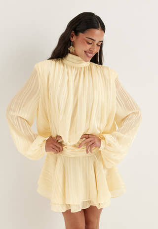 yellow long sleeve dress short Yellow Cotton Poplin Fit and Flare Balloon Sleeves Short Dress 36" / Tall (5'7" and above)