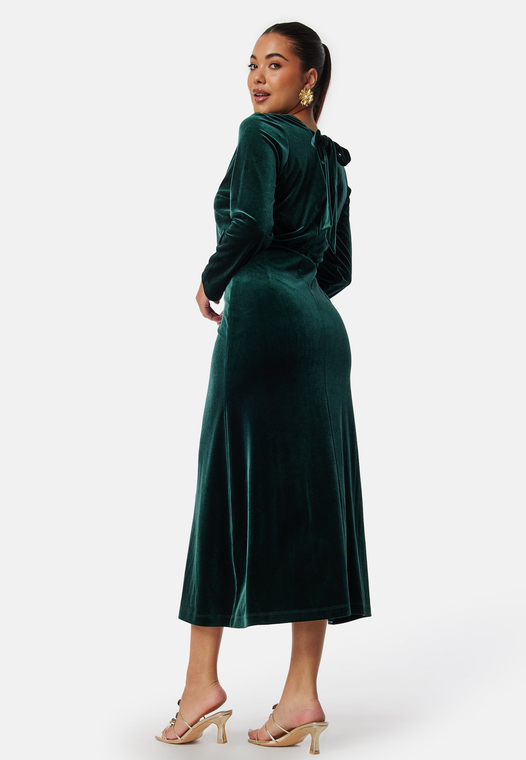 velvet midi dress green Dark Off Shoulder adhesive bra Green Velour A-Line Midi Dress