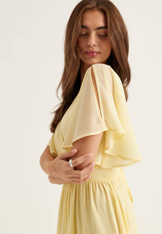 butterfly sleeve bridesmaid dresses B233057 Charming Poly Chiffon Dress with Mod Square Neckline and Butterfly Sleeves