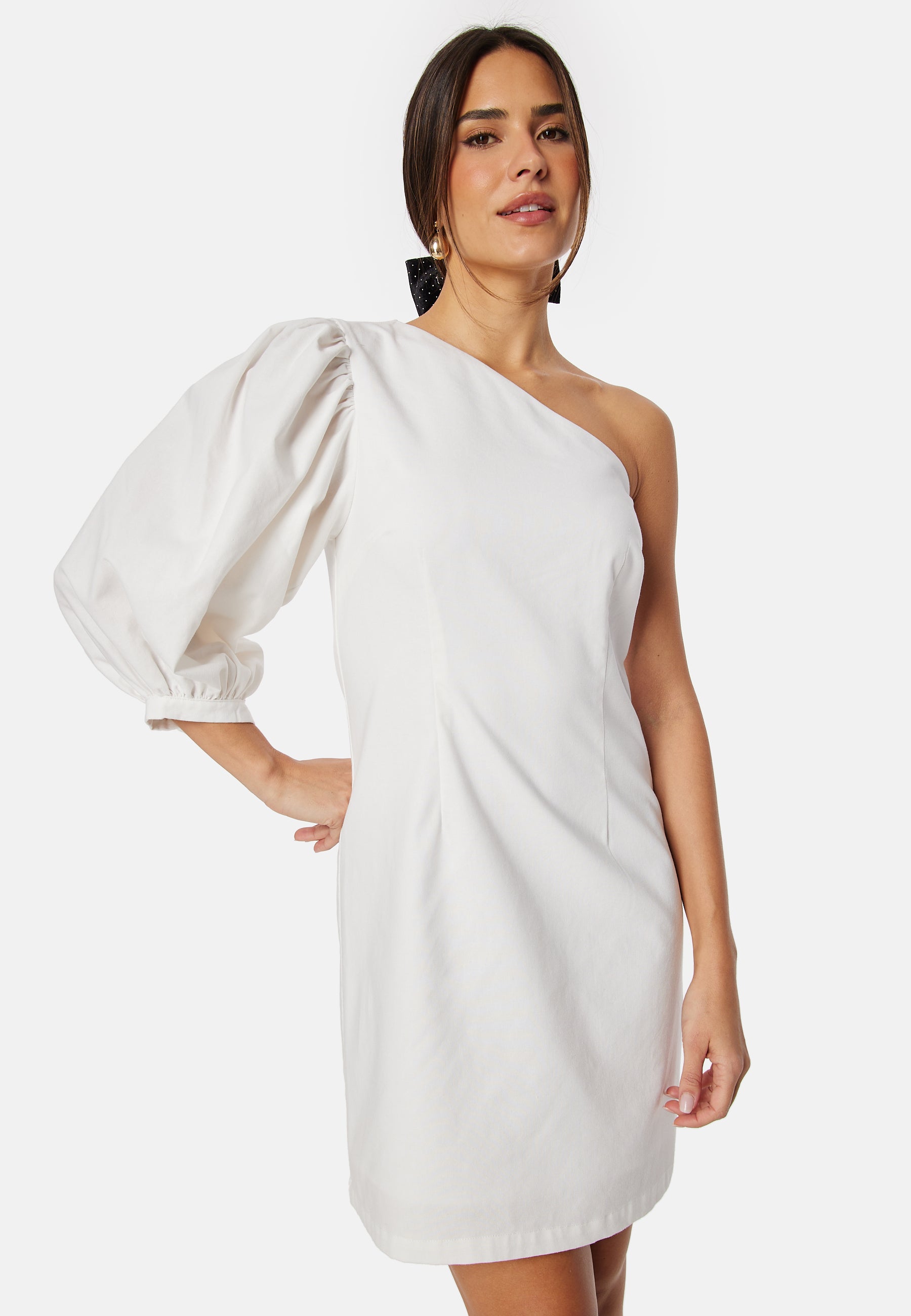 white one shoulder puff sleeve dress White Floral One Shoulder Evening Gown Puff Sleeve