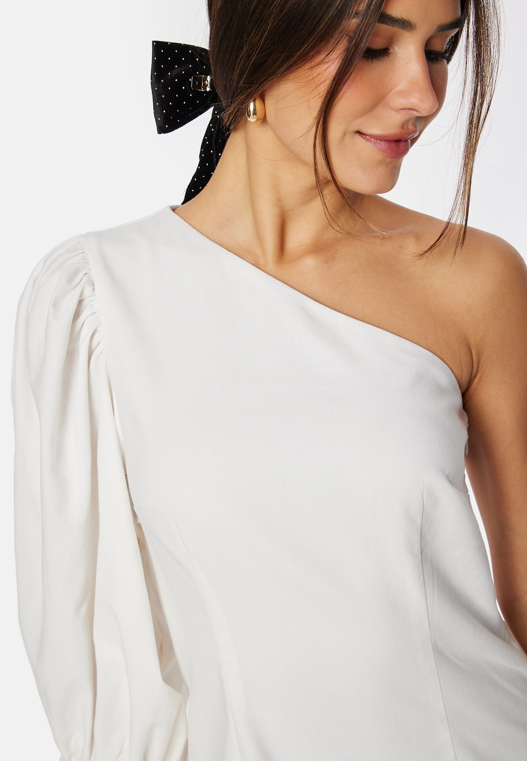white one shoulder puff sleeve dress One Shoulder Puff Sleeve Embellished Gown 36872