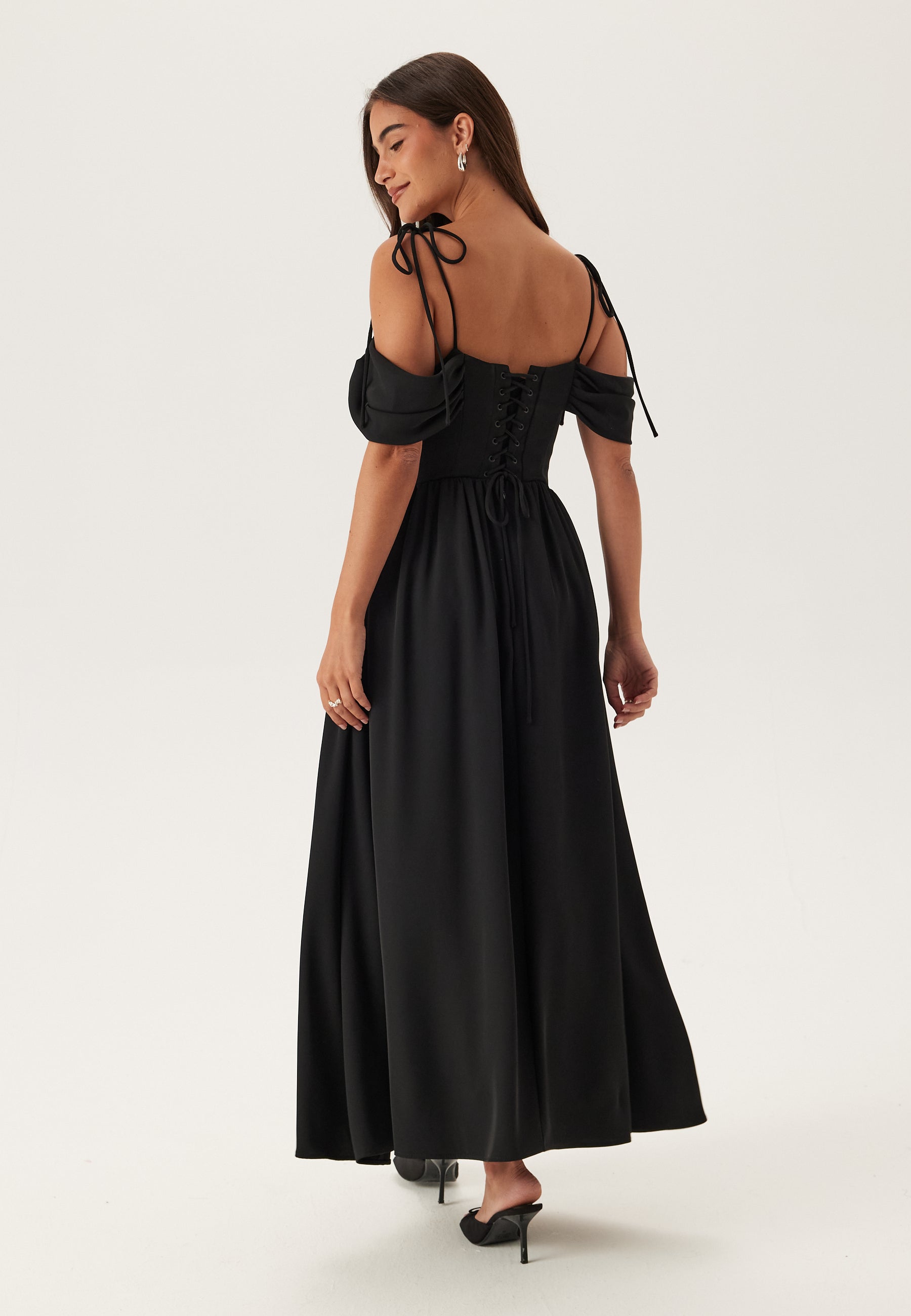 Bubbleroom occasion Draped Off Shoulder Corset Midi Dress Black Black Bubbleroom occasion Draped Off Shoulder Corset Midi Dress Black Black