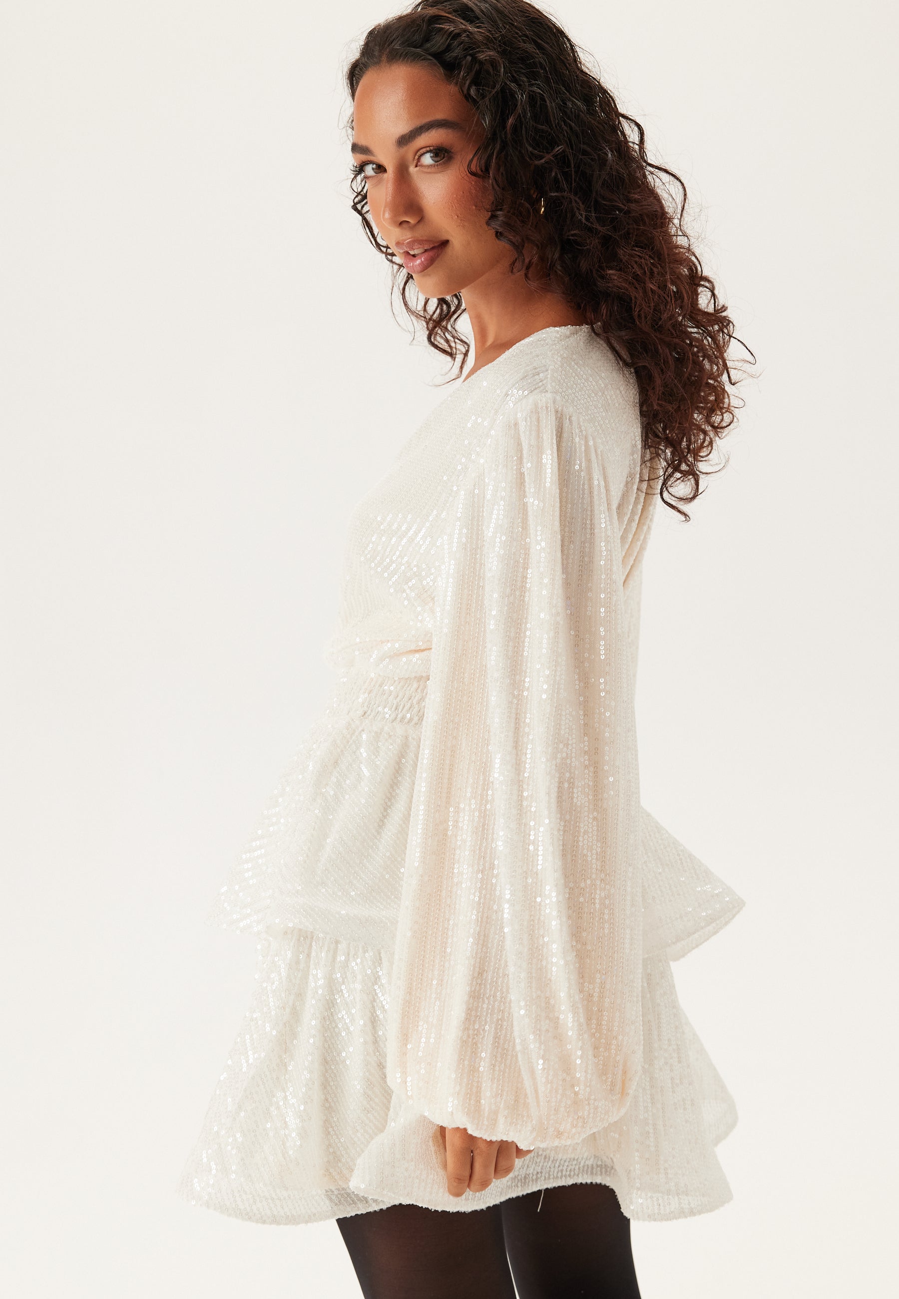 cream sequin dress with sleeves White Lyrista Cream Sequin Cowl Back Mini Dress | Womens | Small (Available in L, XL) | 100% Polyester
