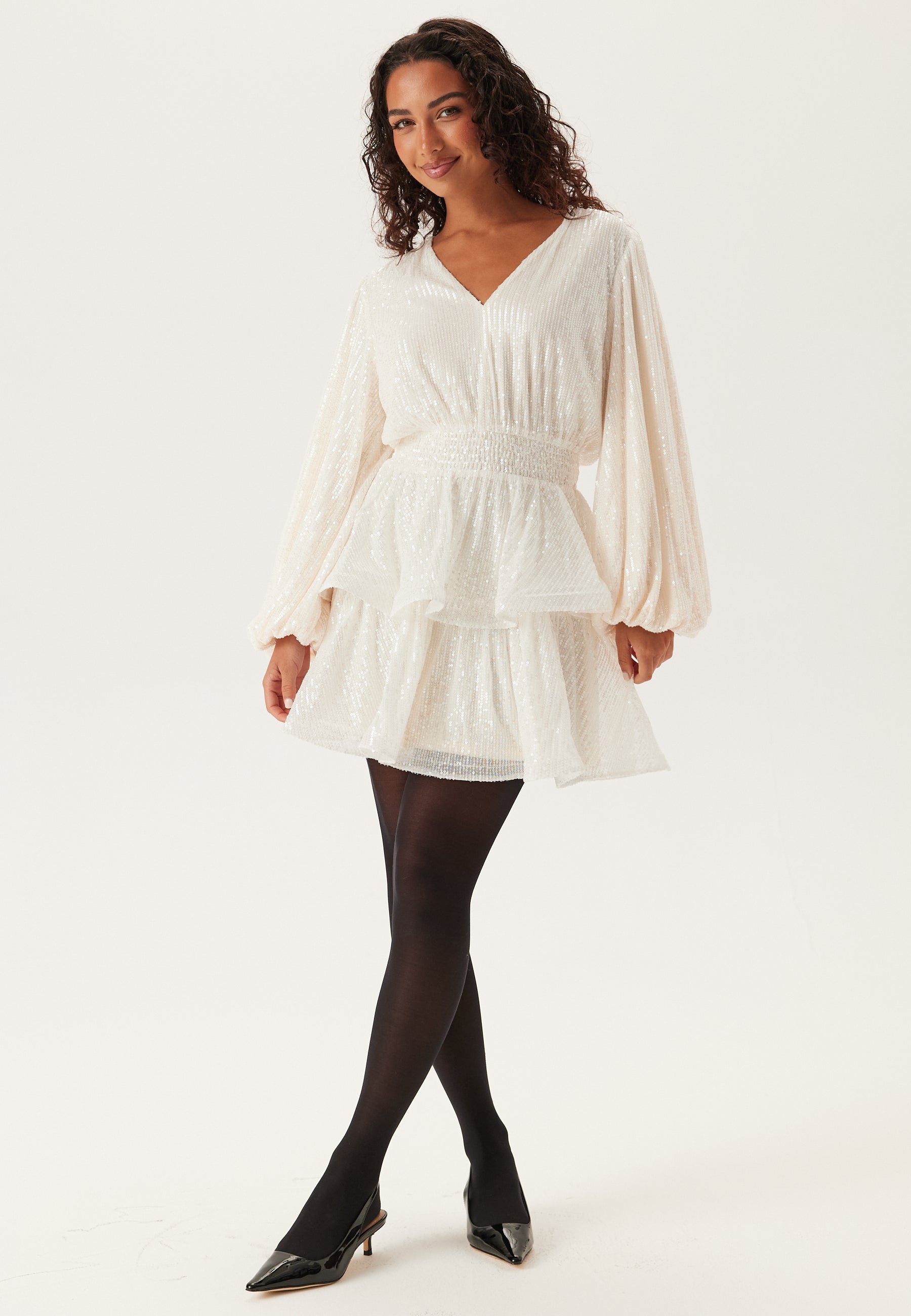 Bubbleroom occasion Flounce Balloon Sleeve Sequin Dress Dresses White Bubbleroom occasion Flounce Balloon Sleeve Sequin Dress Dresses White