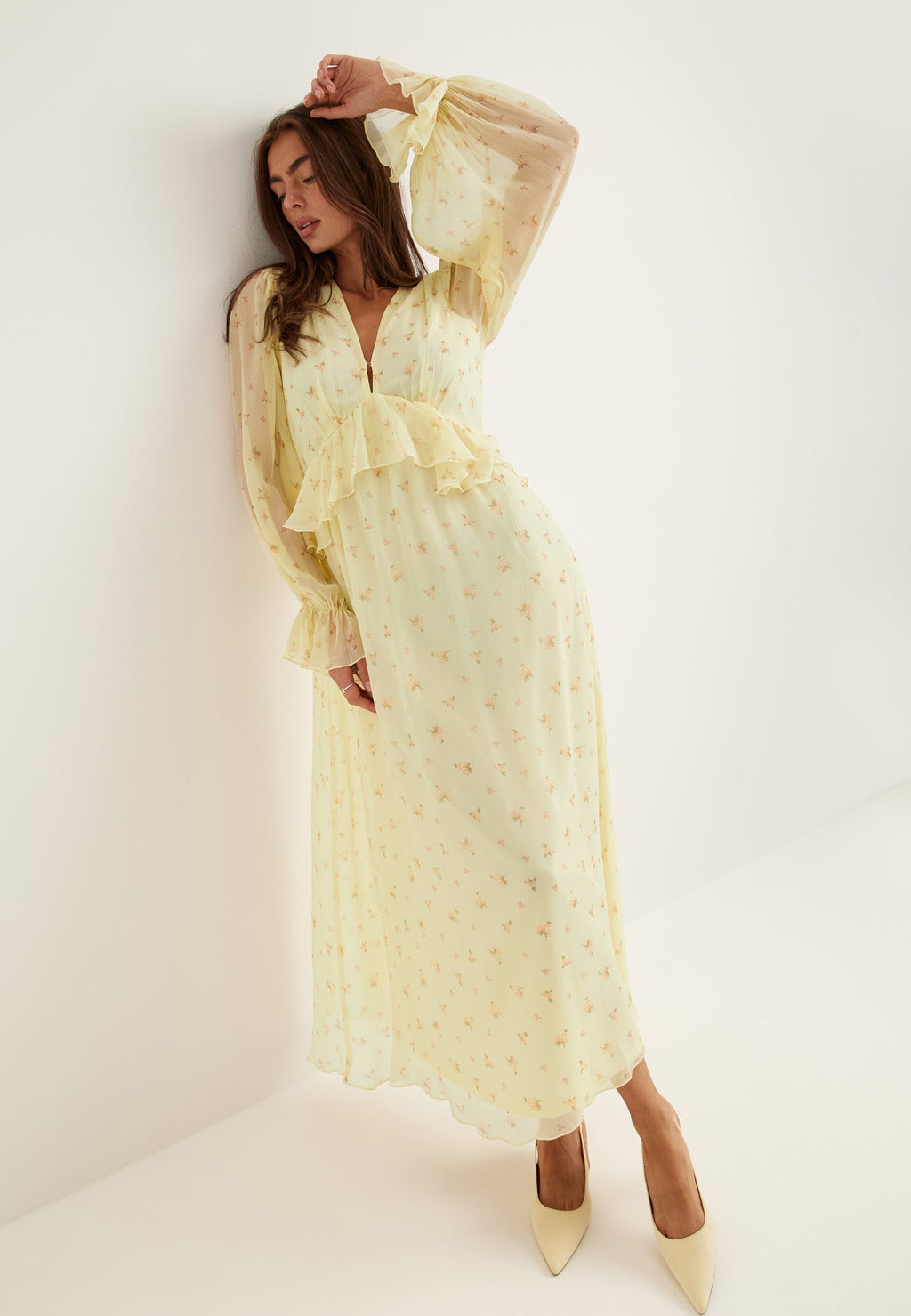 yellow chiffon midi dress Yellow Floral Print Chiffon Midi Dress
