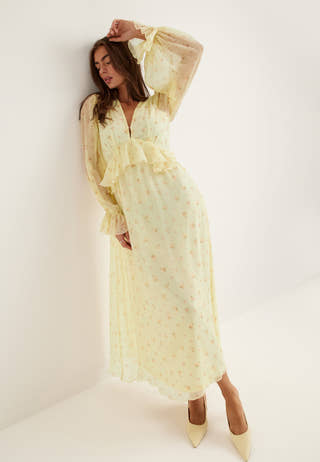 yellow chiffon midi dress Yellow Linen Midi Dress with Floral Print and Flared Fit