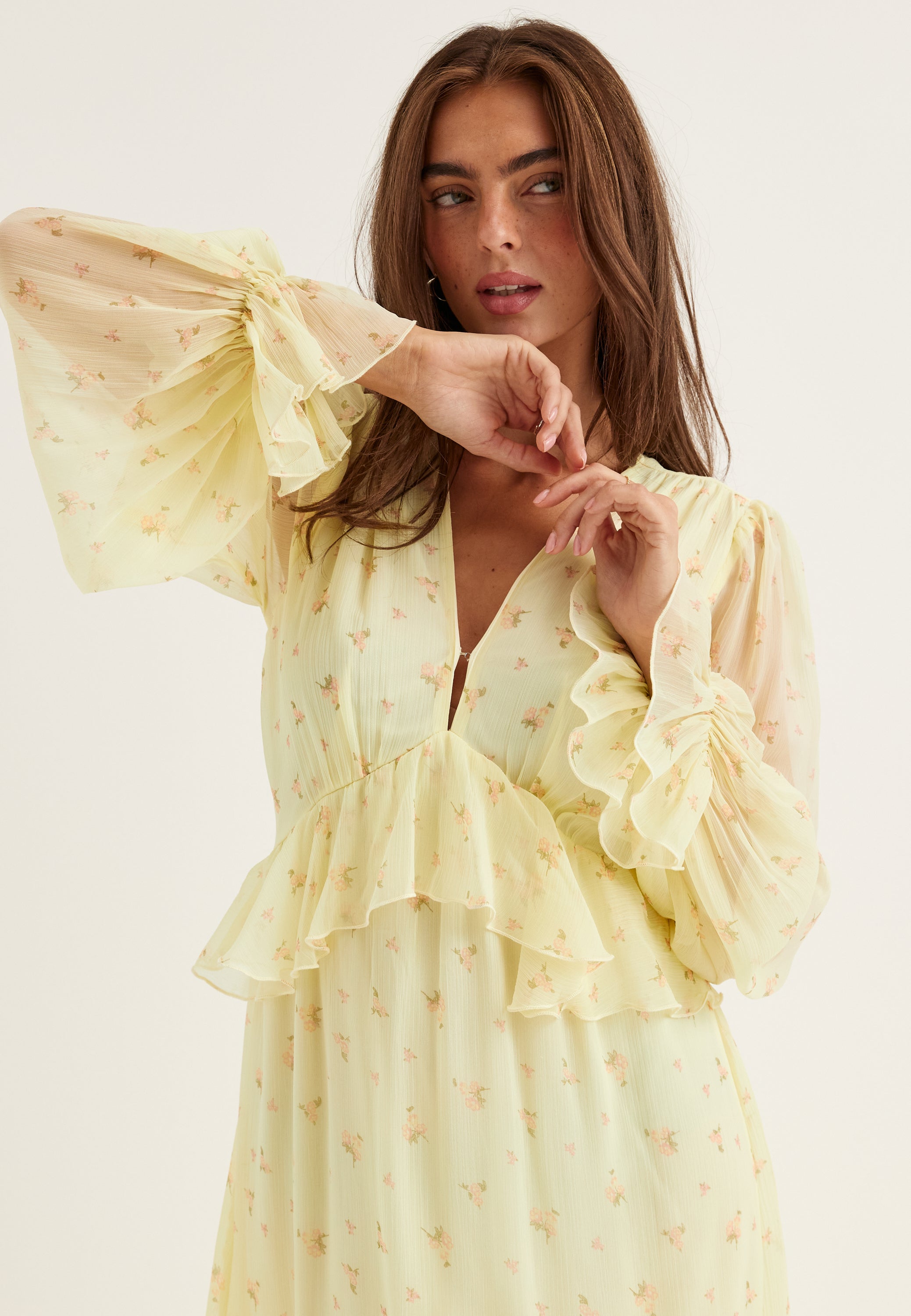 Bubbleroom occasion – Frill L/S Chiffon Midi Dress – Dresses – Yellow / Patterned