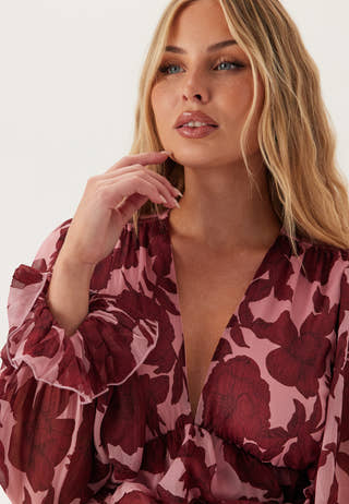 Frill L/S Chiffon Midi Dress