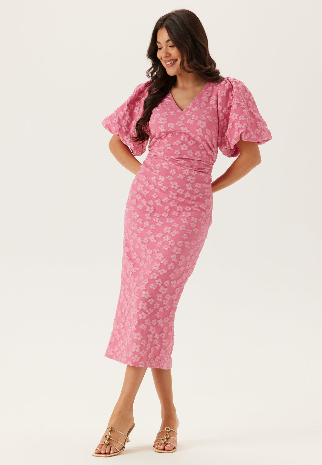 Bubbleroom occasion – Puff Sleeve Jacquard Midi Dress – Dresses – Pink Bubbleroom occasion – Puff Sleeve Jacquard Midi Dress – Dresses – Pink