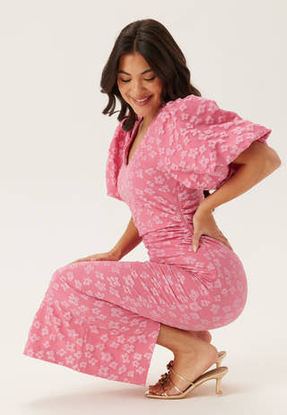 Puff Sleeve Jacquard Midi Dress