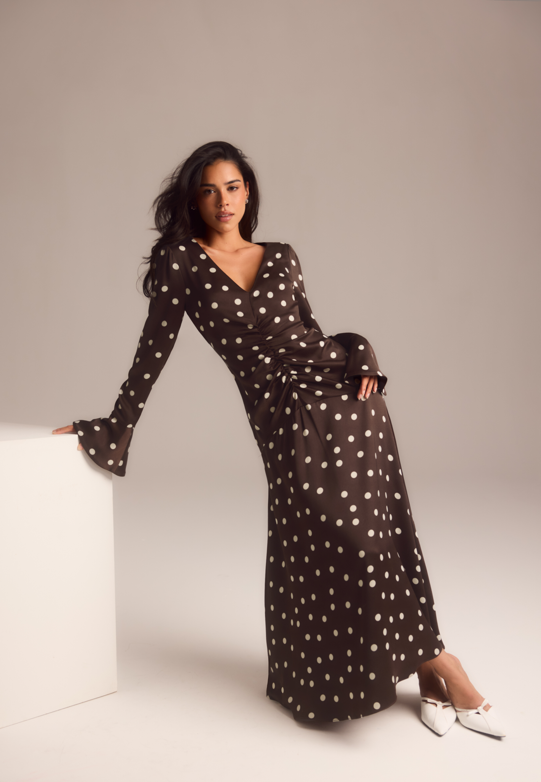 Bubbleroom occasion – Ruched Front Midi Dress – Brown – Brown / White Bubbleroom occasion – Ruched Front Midi Dress – Brown – Brown / White