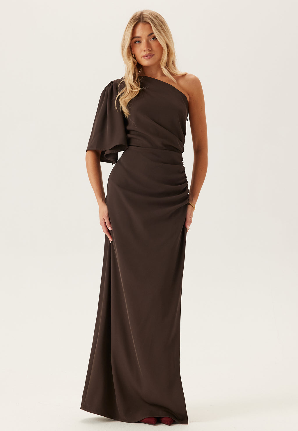 one shoulder dress with ruching Ruched Gown in Size 0 Color:Heather Charcoal Neon Pink Sleeveless Wrap badge: TROTTERS HERITAGE@#000000*#ffffff | bottom