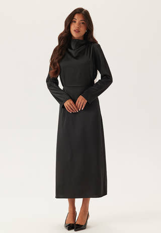 high neck satin midi dress Black Satin High Neck Balloon Sleeve Midi Dress