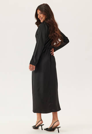 black satin midi dress long sleeve Lace Trim Ruched High Waist Satin Midi Dress in Black Black S-M