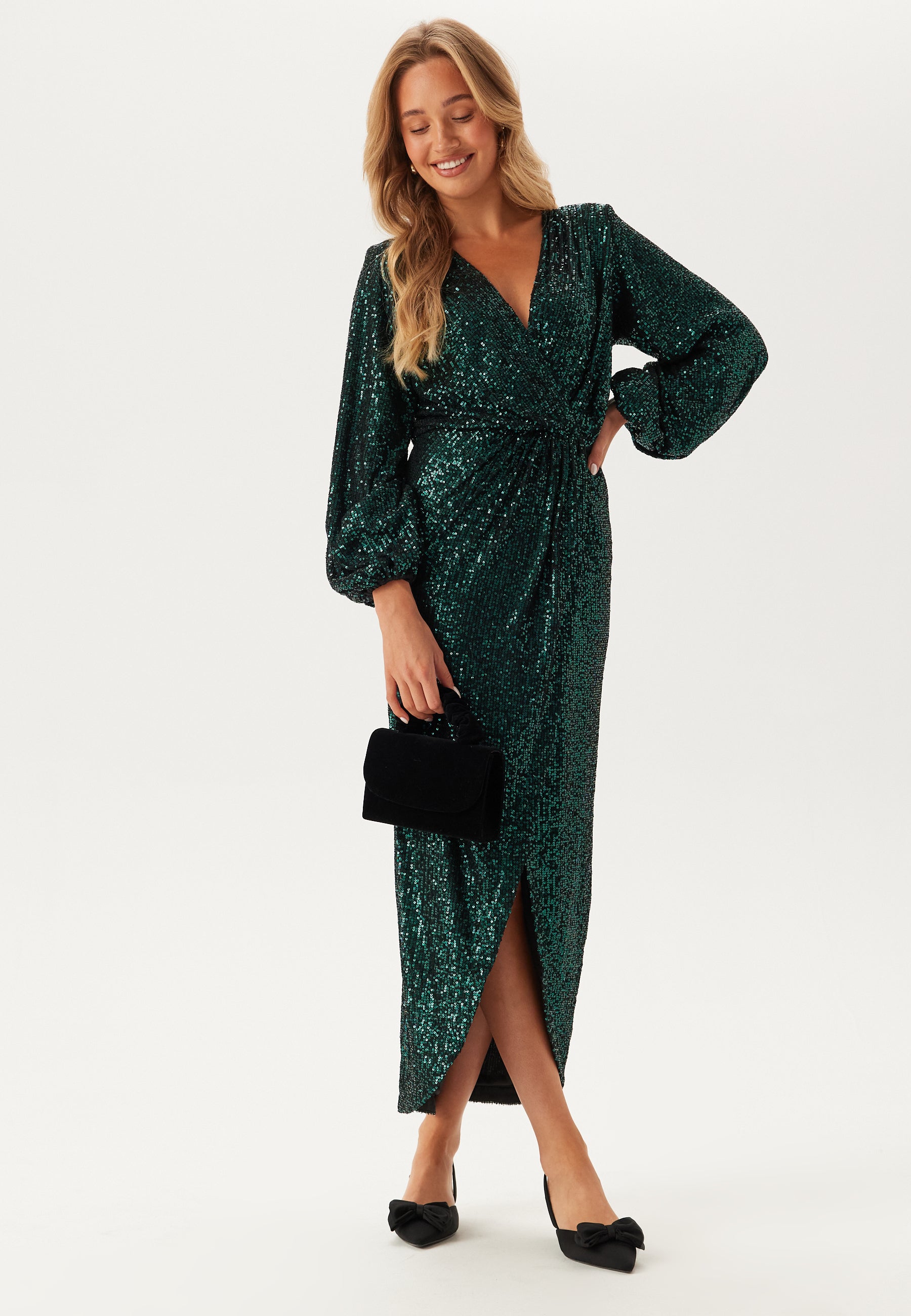 sequin wrap dress green Long Sleeve Short Sequin Wrap Party Dress Green / Large
