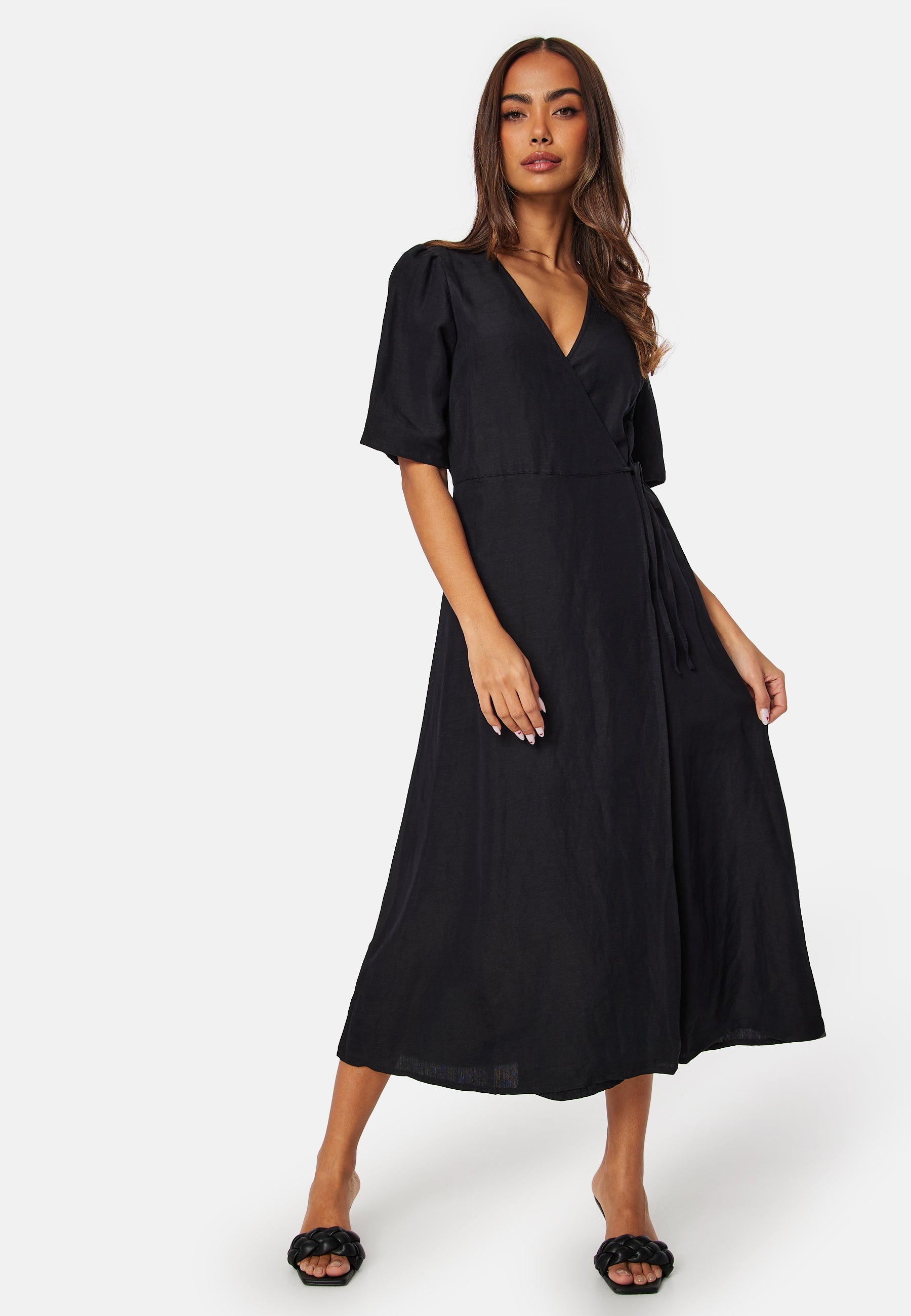 Bubbleroom Linen Blend Wrap Dress + SIZES Black Bubbleroom Linen Blend Wrap Dress + SIZES Black