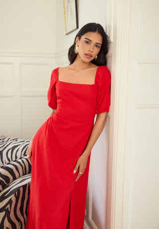 Puff Sleeve Linen Blend Dress