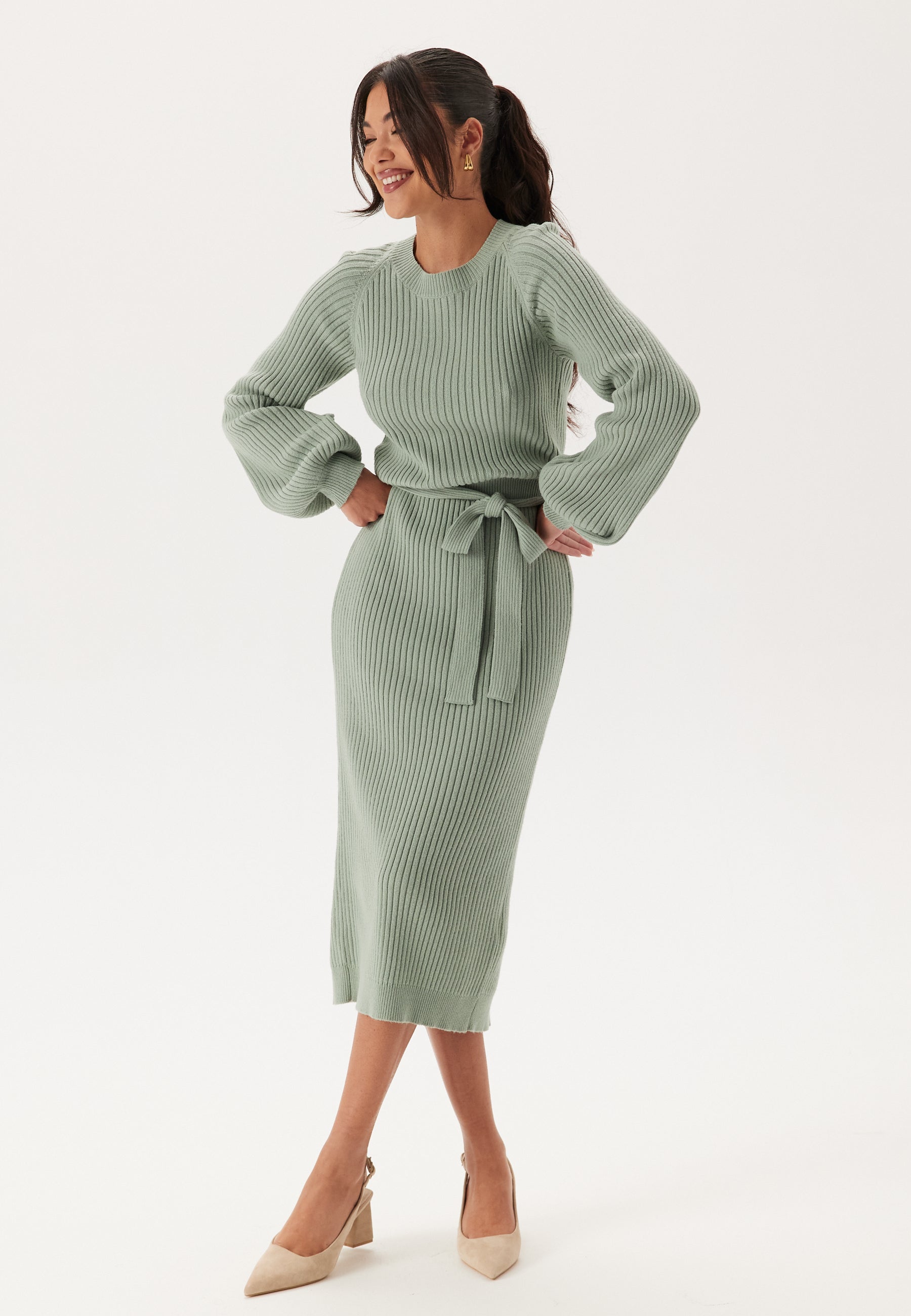 Bubbleroom Round Neck Rib Knitted Midi Dress Dresses Green Bubbleroom Round Neck Rib Knitted Midi Dress Dresses Green