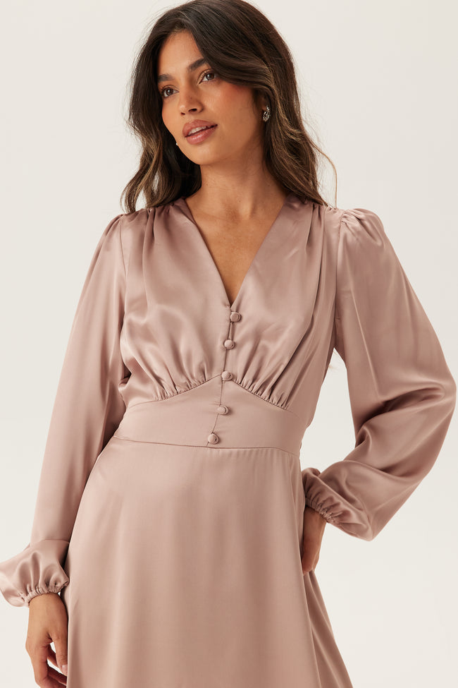 Bubbleroom - BUBBLEROOM - Satin V-neck Maxi Dress Pale Mauve