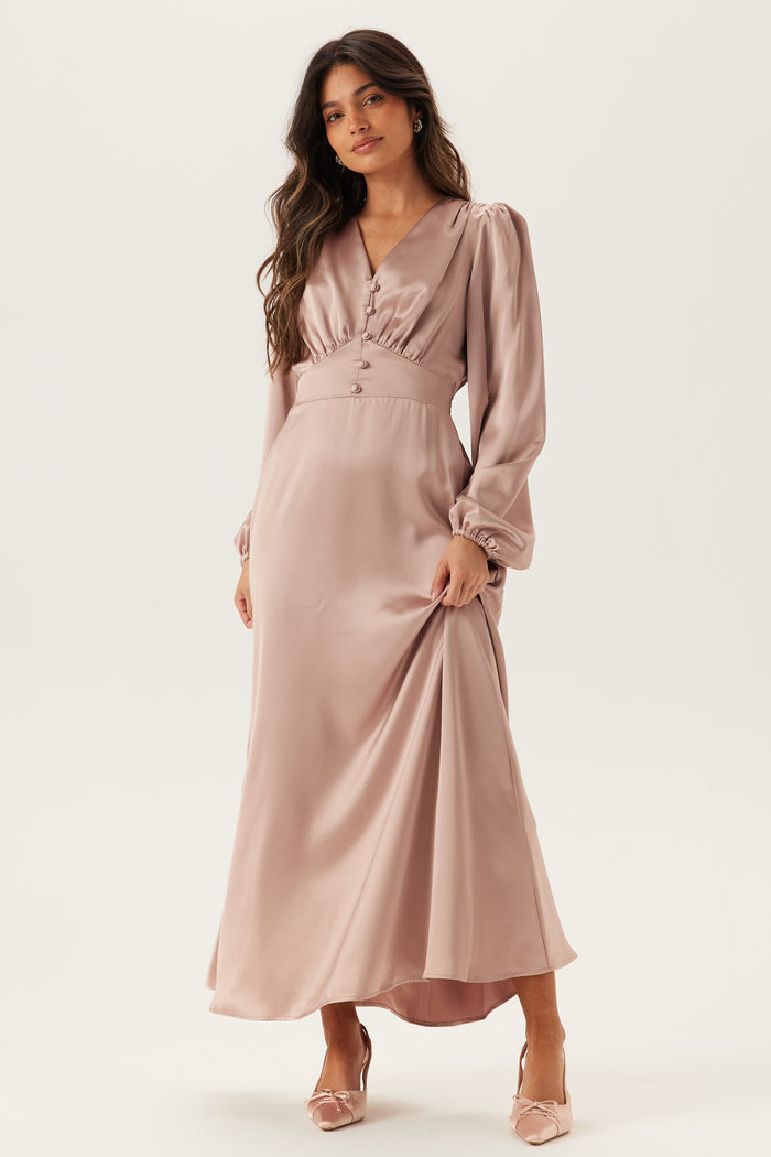 Bubbleroom - BUBBLEROOM - Satin V-neck Maxi Dress Pale Mauve