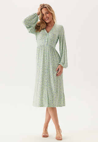 Soft Midi Button Volume Sleeve Dress