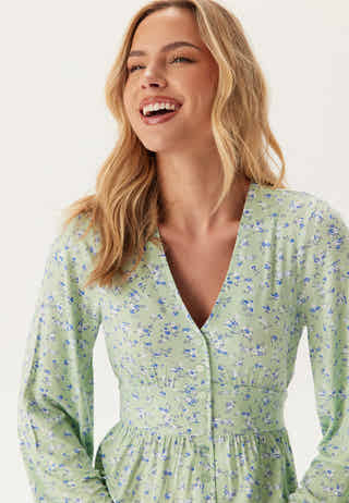 Soft Midi Button Volume Sleeve Dress