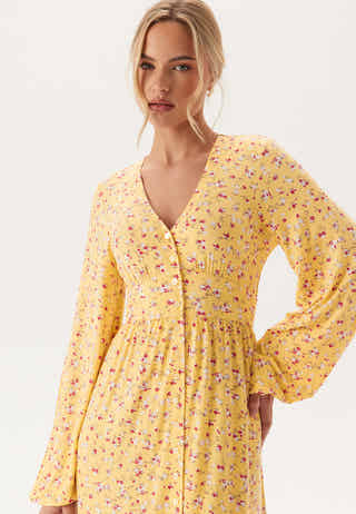 Soft Midi Button Volume Sleeve Dress