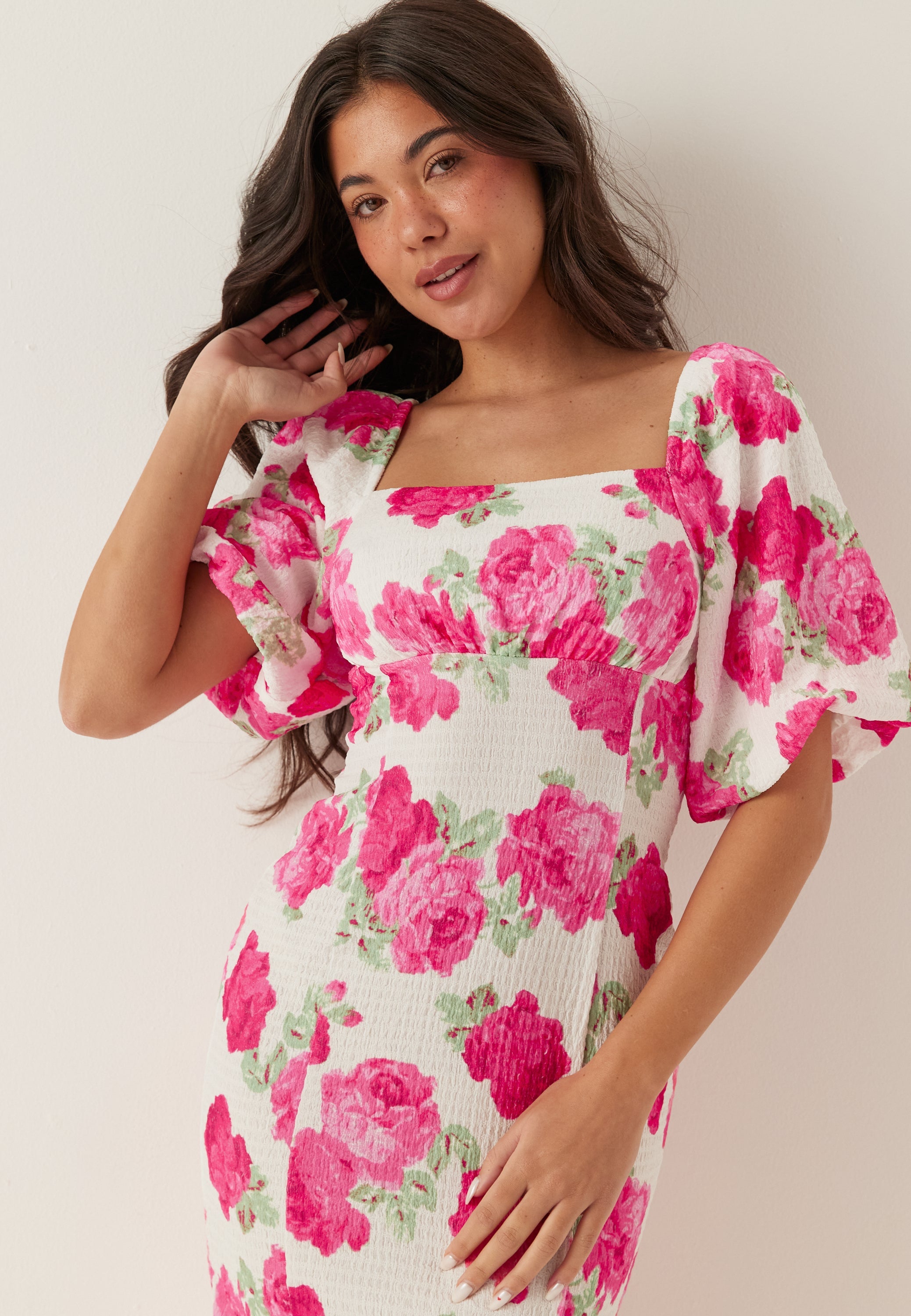 volume sleeve midi dress Bubbleroom Volume Sleeve Midi Dress campaign-sale Pink / Floral / Multi