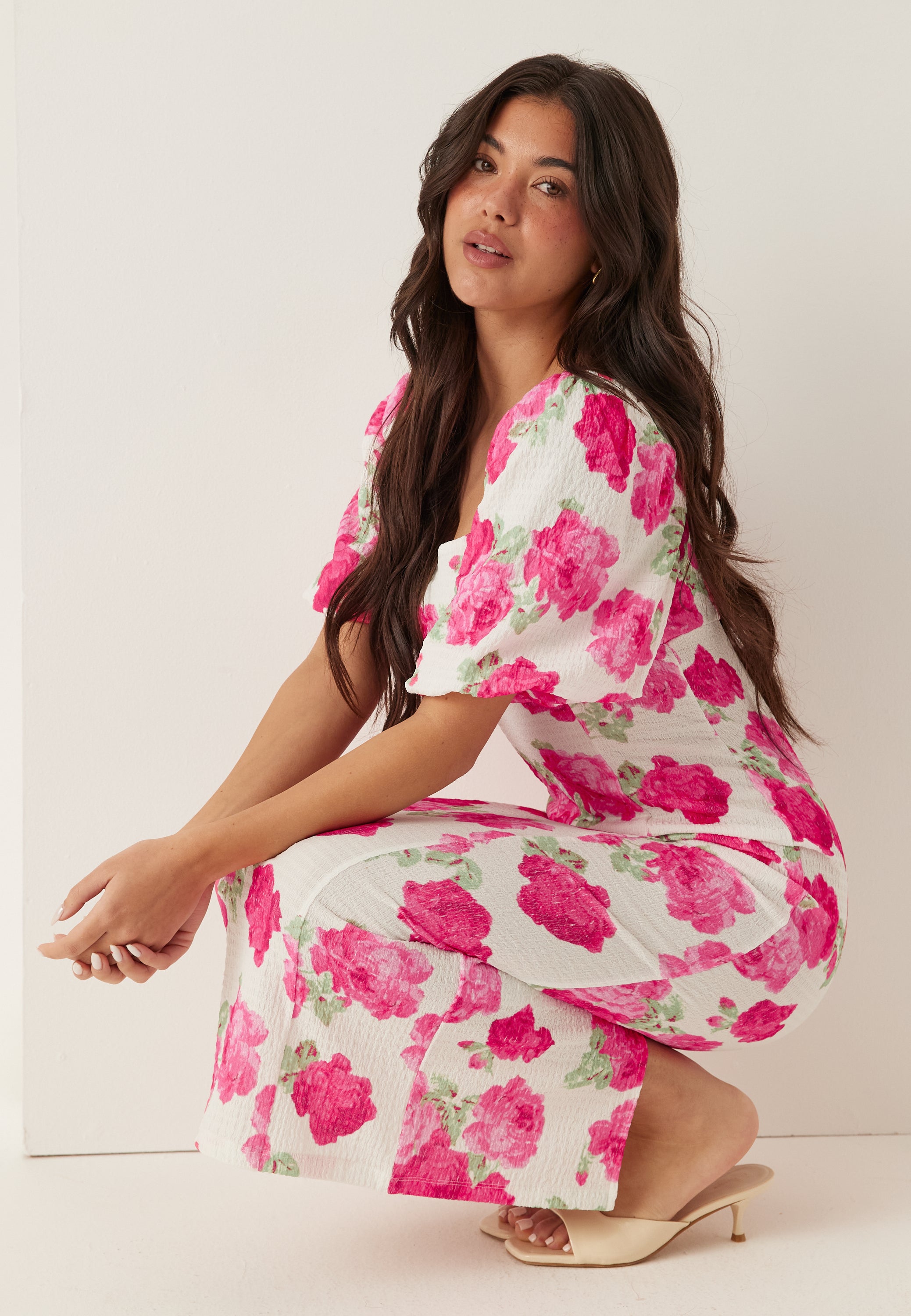 volume midi dress boohoo Women's Floral Burnout Volume Sleeve Midi Dress in Merlot | Size: 8