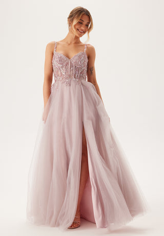 Glittering tulle evening dress with lacing