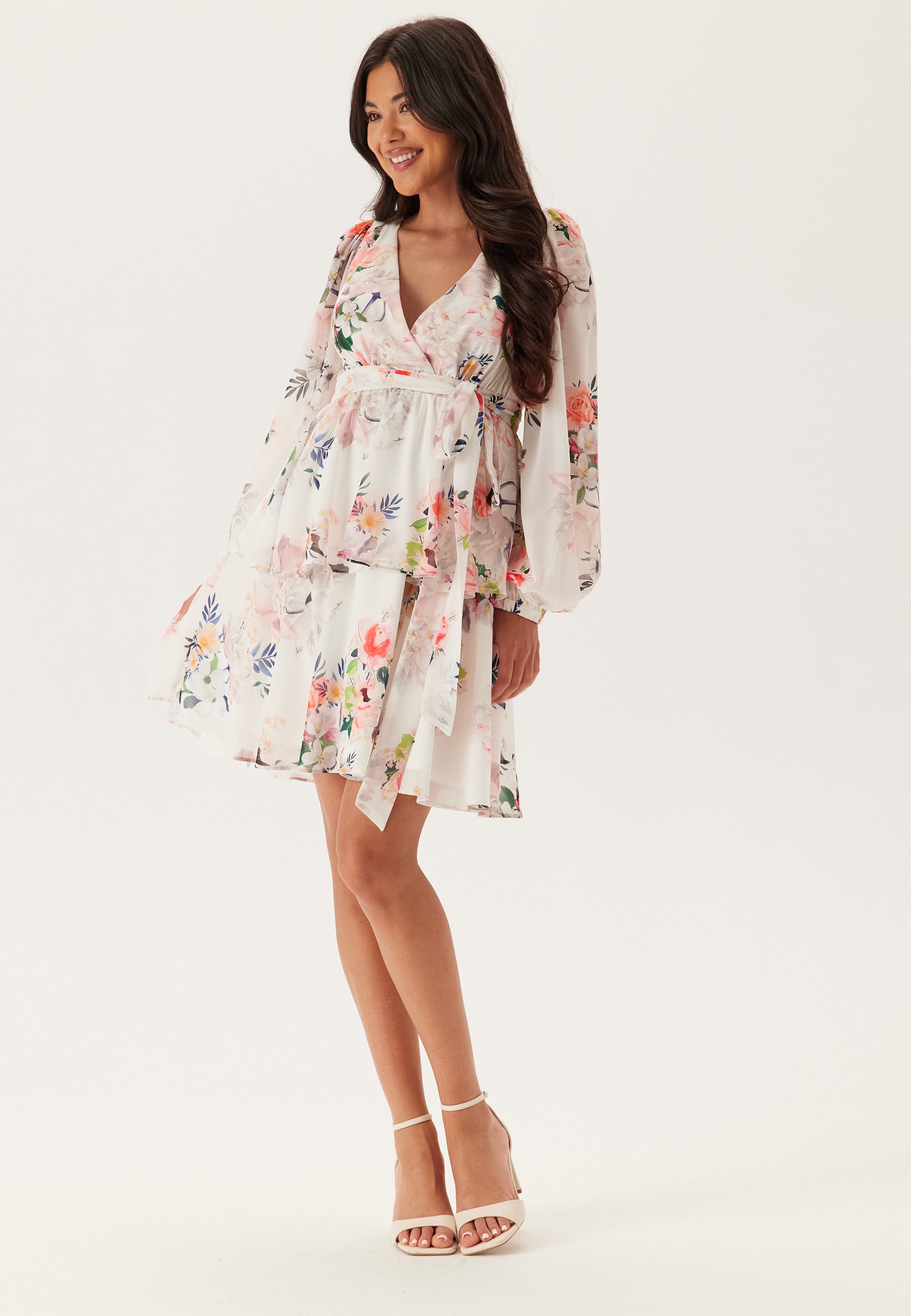 Goddiva Floral Long Sleeve Tiered Skater Dress Dresses Floral / White / Multi Goddiva Floral Long Sleeve Tiered Skater Dress Dresses Floral / White / Multi