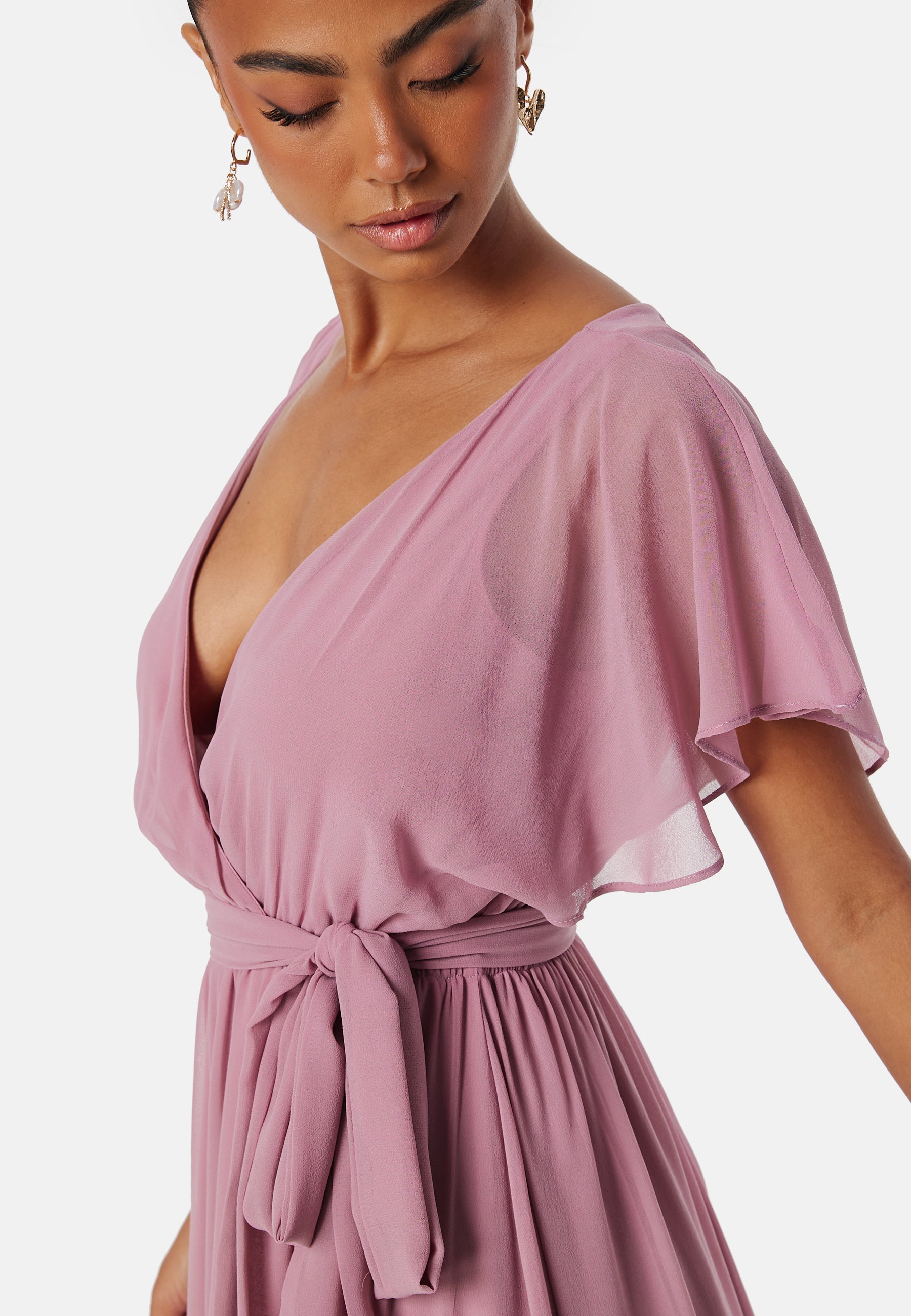 goddiva pink dress Goddiva Chiffon Off The Shoulder Maxi With Cape Sleeves